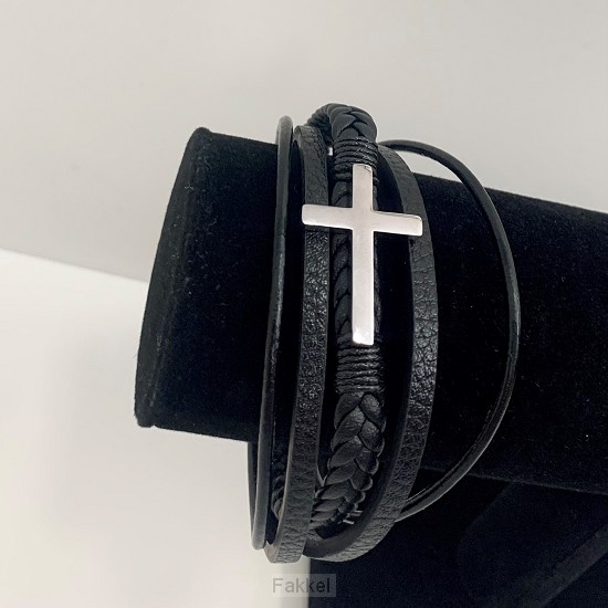 product afbeelding voor: Leren armband zilver kruis 21cm